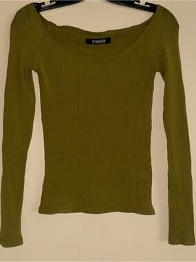 Reformation Chartreuse Olive Green Boat Neck Off Shoulder Ribbed Top Size S